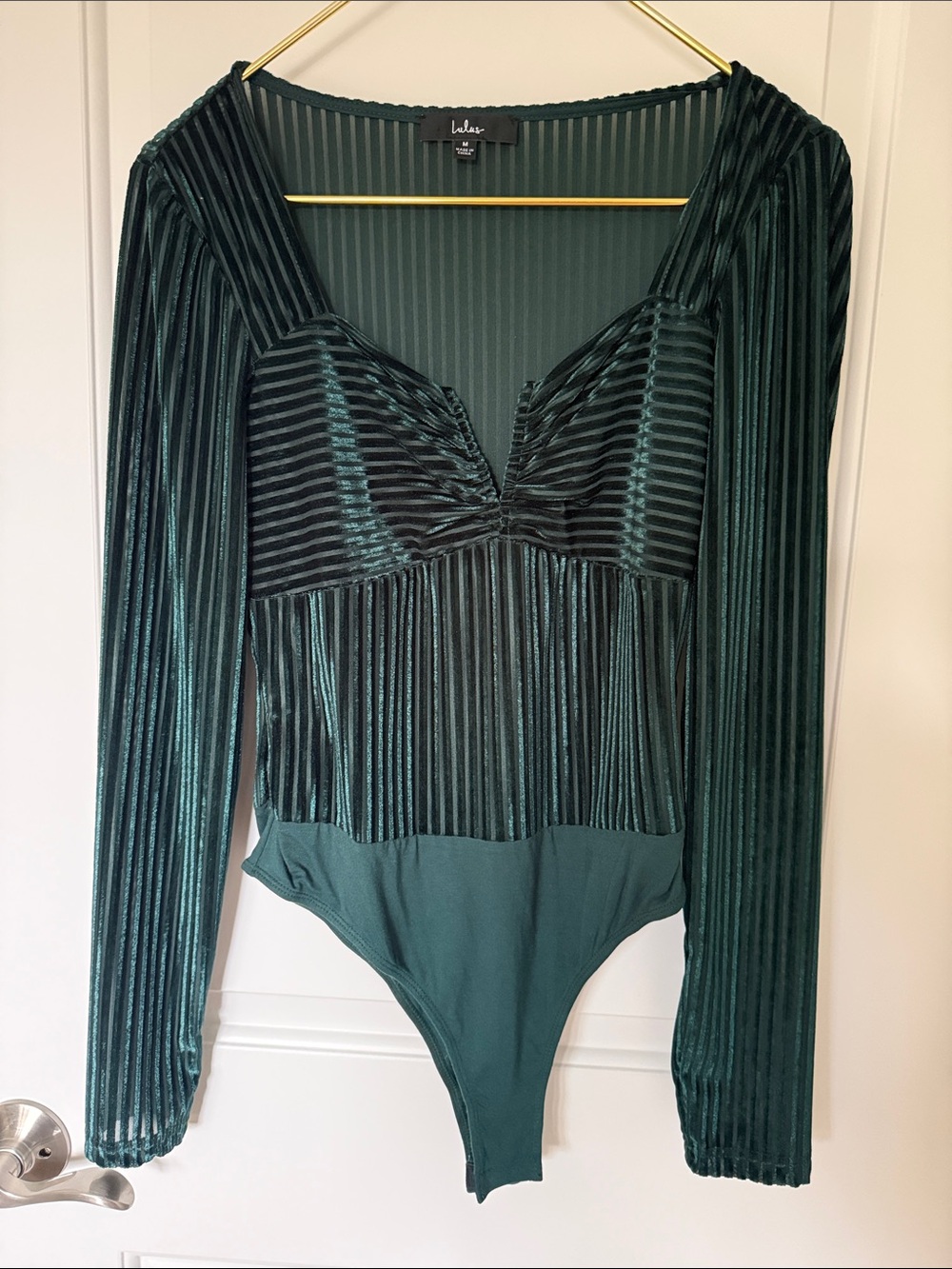 Lulu's Emerald Green Velvet Stripe Long-Sleeve Bodysuit